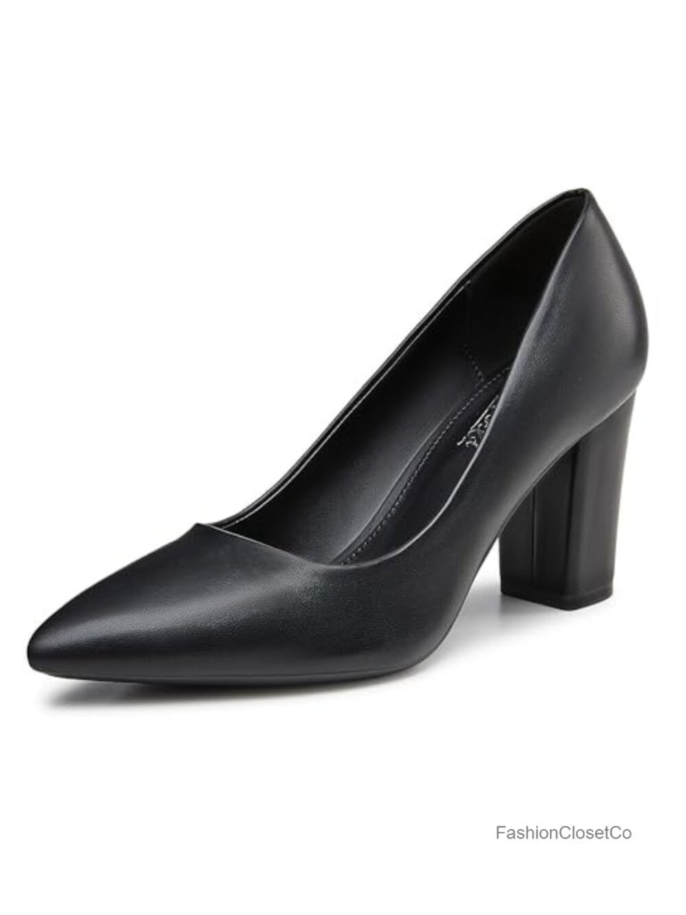 Women's PU Leather Chunky Block Heel Pumps, Pointed Toe Slip On Dress Shoes for